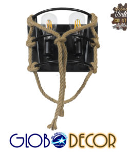 GloboStar® BARBOSA 01083 Vintage Industrial Φωτιστικό Τοίχου Απλίκα Δίφωτο Μαύρο Μεταλλικό Πλέγμα με Μπεζ Σχοινί Μ12 x Π19 x Υ28cm