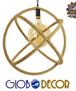 GloboStar® BELLE 01597 Vintage Κρεμαστό Φωτιστικό Οροφής Μονόφωτο 1 x E27 Μπεζ Μεταλλικό με Σχοινί Φ56 x Υ58cm