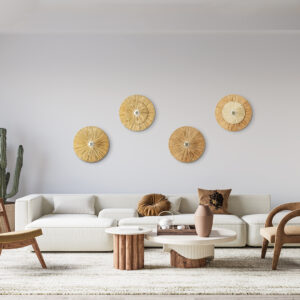 GloboStar® COLOMBO 02277 Boho Φωτιστικό Τοίχου – Απλίκα Μονόφωτο 1 x E27 AC 220-240V IP20 – Φ40 x Υ4.5cm – Μπεζ Καφέ Φυσική Ράφια Άχυρο Πλέγμα – 5 Χρόνια Εγγύηση