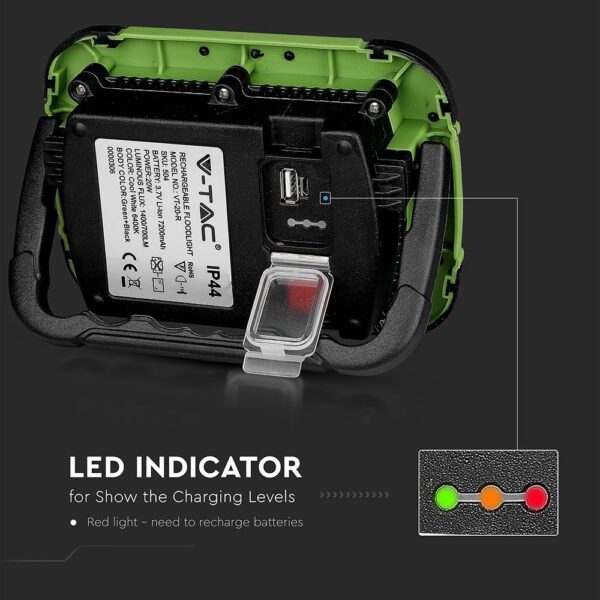 LED Προβολέας Φορητός με Micro USB & SOS Flash & Επαναφορτιζόμενος 20W V-TAC PRO Samsung Chip 100° 1400lm IP44 Ψυχρό 6400K – 504