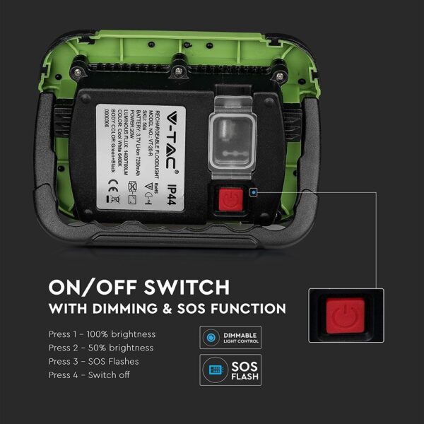 LED Προβολέας Φορητός με Micro USB & SOS Flash & Επαναφορτιζόμενος 20W V-TAC PRO Samsung Chip 100° 1400lm IP44 Ψυχρό 6400K – 504