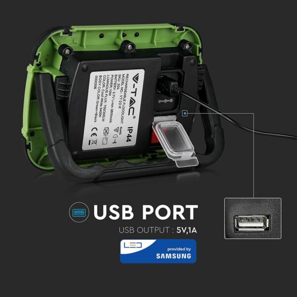 LED Προβολέας Φορητός με Micro USB & SOS Flash & Επαναφορτιζόμενος 20W V-TAC PRO Samsung Chip 100° 1400lm IP44 Ψυχρό 6400K – 504