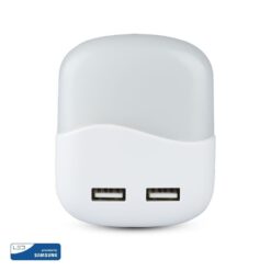 LED Φωτιστικό Νυκτός Τετράγωνο Λευκό με Αισθητήρα Νύχτας-Μέρας με 2xUSB Θύρες Φόρτισης 0.5W V-TAC PRO Samsung Chip 10lm Θερμό Λευκό 3000K – 507