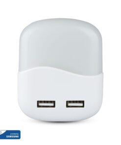 LED Φωτιστικό Νυκτός Τετράγωνο Λευκό με Αισθητήρα Νύχτας-Μέρας με 2xUSB Θύρες Φόρτισης 0.5W V-TAC PRO Samsung Chip 10lm Θερμό Λευκό 3000K – 507