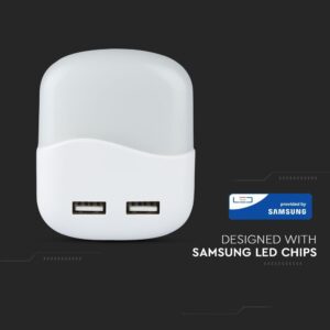 LED Φωτιστικό Νυκτός Τετράγωνο Λευκό με Αισθητήρα Νύχτας-Μέρας  με 2xUSB Θύρες Φόρτισης 0.5W V-TAC PRO Samsung Chip 10lm Θερμό Λευκό 3000K – 507