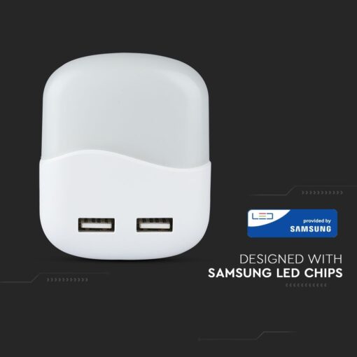LED Φωτιστικό Νυκτός Τετράγωνο Λευκό με Αισθητήρα Νύχτας-Μέρας  με 2xUSB Θύρες Φόρτισης 0.5W V-TAC PRO Samsung Chip 10lm Θερμό Λευκό 3000K – 507
