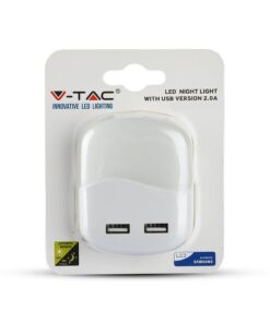LED Φωτιστικό Νυκτός Τετράγωνο Λευκό με Αισθητήρα Νύχτας-Μέρας με 2xUSB Θύρες Φόρτισης 0.5W V-TAC PRO Samsung Chip 10lm Θερμό Λευκό 3000K – 507