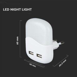 LED Φωτιστικό Νυκτός Τετράγωνο Λευκό με Αισθητήρα Νύχτας-Μέρας  με 2xUSB Θύρες Φόρτισης 0.5W V-TAC PRO Samsung Chip 10lm Θερμό Λευκό 3000K – 507