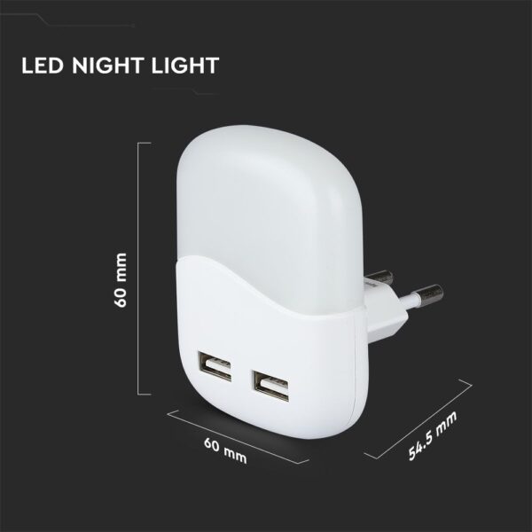 LED Φωτιστικό Νυκτός Τετράγωνο Λευκό με Αισθητήρα Νύχτας-Μέρας  με 2xUSB Θύρες Φόρτισης 0.5W V-TAC PRO Samsung Chip 10lm Θερμό Λευκό 3000K – 507