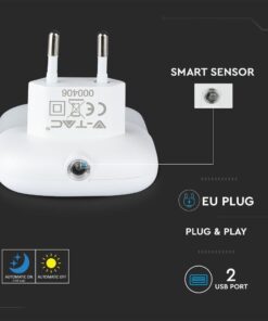 LED Φωτιστικό Νυκτός Τετράγωνο Λευκό με Αισθητήρα Νύχτας-Μέρας με 2xUSB Θύρες Φόρτισης 0.5W V-TAC PRO Samsung Chip 10lm Θερμό Λευκό 3000K – 507