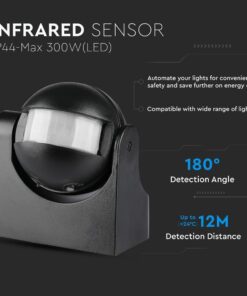 Αισθητήρας υπέρυθρης κίνησης 300W LED, γωνία ανίχνευσης 180°, απόσταση μέχρι 12 μέτρα, IP44 κατάλληλο για εξωτερική χρήση.