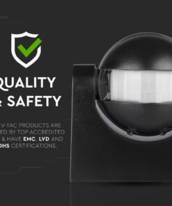 Αισθητήρας κίνησης V-TAC, μαύρος, με πιστοποιήσεις EMC, LVD, ROHS για ασφάλεια και ποιότητα.