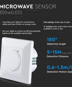 Αισθητήρας κίνησης μικροκυμάτων 300W για αυτόματο φωτισμό, ρυθμιζόμενη απόσταση 5-15m, γωνία ανίχνευσης 180°.