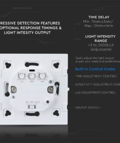 Ρυθμιζόμενος αισθητήρας φωτός, 10-12 λεπτών καθυστέρηση, 3-2000LUX, ενσωματωμένα κουμπιά ρύθμισης.