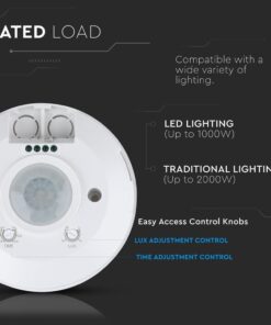 Ανιχνευτής κίνησης οροφής για φώτα LED έως 1000W και παραδοσιακά φώτα έως 2000W. Διαθέτει ρυθμίσεις Lux και χρόνος.