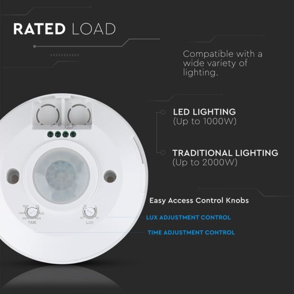 Ανιχνευτής κίνησης οροφής για φώτα LED έως 1000W και παραδοσιακά φώτα έως 2000W. Διαθέτει ρυθμίσεις Lux και χρόνος.