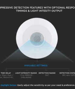 Αισθητήρας φωτός με ρυθμιζόμενη ευαισθησία, ανίχνευση 360° και απόσταση έως 8m, ιδανικός για εξοικονόμηση ενέργειας.
