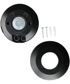 Αισθητήρας κίνησης οροφής μαύρος, με ρυθμιζόμενο χρόνο και ευαισθησία. Περιλαμβάνονται βίδες και ούπα.