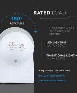Αισθητήρας φωτός με περιστροφή 180°, ρυθμιζόμενο χρόνο και ευαισθησία, συμβατός με LED και παραδοσιακά φώτα.