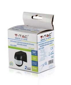 Αισθητήρας κίνησης υπερύθρων με κεφαλή 180°, V-TAC, ανίχνευση έως 12μ, για εσωτερικούς/εξωτερικούς χώρους.