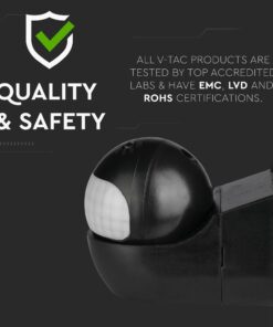 Ανιχνευτής κίνησης τοίχου V-TAC με πιστοποιήσεις EMC, LVD, RoHS, για ασφαλή και αξιόπιστο φωτισμό.