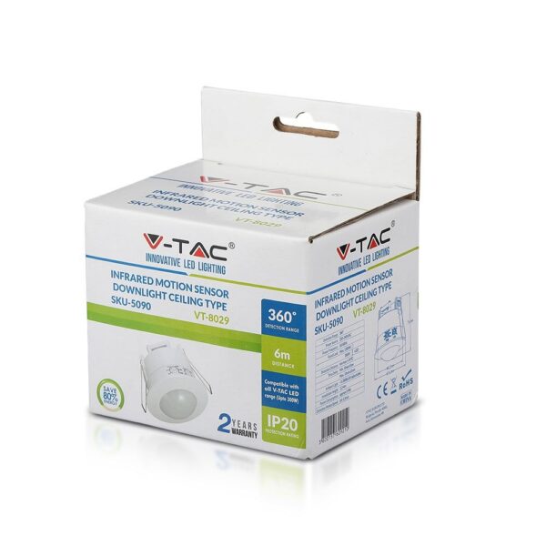 Με αισθητήρα κίνησης 360°, LED φως οροφής V-TAC, IP20, 6μ εμβέλεια, μοντέλο VT-8029, εγγύηση 2 ετών.