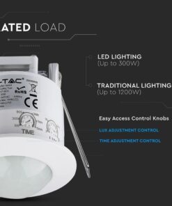 ΑΙσθητήρας κίνησης οροφής V-TAC, ρυθμιζόμενος χρόνος και φωτεινότητα, κατάλληλος για LED έως 300W.