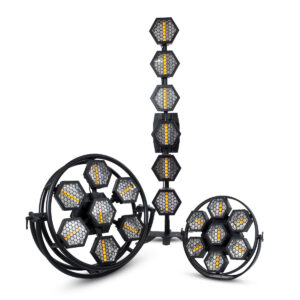 GloboStar® 51195 HALO HEXA Επαγγελματικό Φωτιστικό Ειδικών Εφέ DIGITAL MATRIX PIXEL & Blinder – 7 x 50W LED COB Chips Ultra Gold Warm White 2200K & 168 x 0.5W LED SMD5050 Chips RGB – AC 220V-240V DMX512 Display on Body – Μαύρο – Μ50 x Π10.5 x Υ47cm