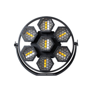 GloboStar® 51195 HALO HEXA Επαγγελματικό Φωτιστικό Ειδικών Εφέ DIGITAL MATRIX PIXEL & Blinder – 7 x 50W LED COB Chips Ultra Gold Warm White 2200K & 168 x 0.5W LED SMD5050 Chips RGB – AC 220V-240V DMX512 Display on Body – Μαύρο – Μ50 x Π10.5 x Υ47cm