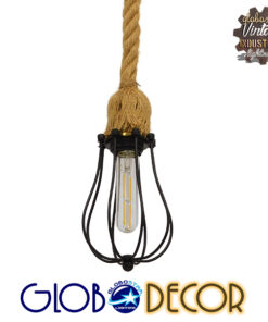 GloboStar® CAMBER 01594 Vintage Industrial Κρεμαστό Φωτιστικό Οροφής Μονόφωτο 1 x E27 Μαύρο Μεταλλικό Πλέγμα με Μπεζ Σχοινί Φ11 x Υ25cm