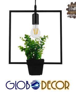 GloboStar® FLOWERPOT 10001211 Μοντέρνο Κρεμαστό Φωτιστικό Οροφής Μονόφωτο 1 x E27 Μαύρο Μεταλλικό με Διακοσμητικό Φυτό Φ30 x Y30cm