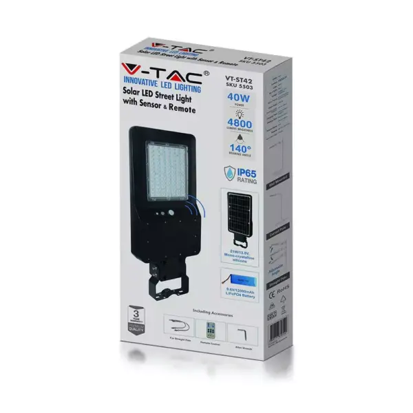LED ηλιακό φωτιστικό δρόμου 40W (120lm/w) φυσικό λευκό 4000K μαύρο σώμα V-TAC – 5503