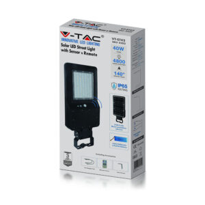Led Ηλιακό Φωτιστικό Δρόμου 40W  IP65 Μαύρο με Ανιχνευτή Κίνησης και Αισθητήρα Φωτός  V-TAC  Ψυχρό Λευκό – 5504