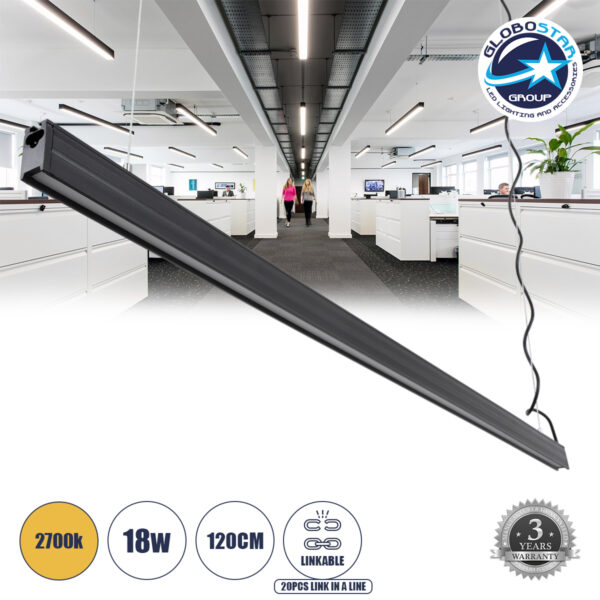 GloboStar® OFFICE 61025-P Γραμμικό Κρεμαστό Φωτιστικό Linear LED 18W 2170lm 120° AC 220-240V Μ120 x Π2 x Υ4cm Θερμό Λευκό 2700K - Μαύρο - 3 Years Warranty