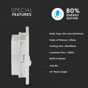 Λευκό φωτιστικό LED αλουμίνιο με αισθητήρα, 85x85mm, 100lm, 45° γωνία, CRI></noscript>80, εξοικονόμηση ενέργειας 80%.