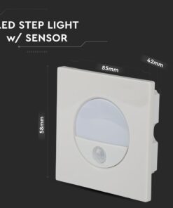 LED φως σκάλας με αισθητήρα κίνησης, διαστάσεις 85x58x42mm, ιδανικό για νυχτερινή ασφάλεια.