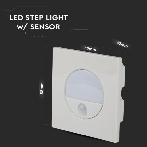 LED φως σκάλας με αισθητήρα κίνησης, διαστάσεις 85x58x42mm, ιδανικό για νυχτερινή ασφάλεια.