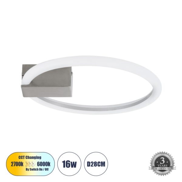 GloboStar® CINDERELLA 60979 Φωτιστικό Οροφής Δαχτυλίδι-Κύκλος LED CCT 16W 1792lm 360° AC 220-240V – Εναλλαγή Φωτισμού μέσω Διακόπτη On/Off All In One Ψυχρό 6000k+Φυσικό 4500k+Θερμό 2700k Φ28cm – Χρώμιο Νικελ – 3 Years Warranty