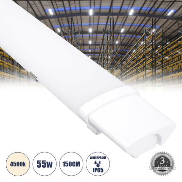 GloboStar® 60168 LED Γραμμικό Βιομηχανικό Φωτιστικό Tri-Proof 150cm 55W 6115lm 120° AC 220-240V Αδιάβροχο IP65 Μ150 x Π6 x Υ4cm Φυσικό Λευκό 4500K - 3 Χρόνια Εγγύηση