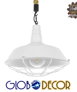 GloboStar® NARANZA 01409 Vintage Industrial Κρεμαστό Φωτιστικό Οροφής Μονόφωτο 1 x E27 Λευκό Ματ Μεταλλικό Καμπάνα Πλέγμα με Μπεζ Σχοινί Φ36 x Υ31cm