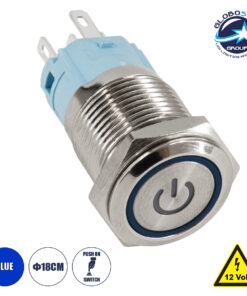 GloboStar® 70788 LED Φωτιζόμενος Διακόπτης Χωνευτός – Μπουτόν PUSH On Ανοξείδωτος DC 12V με Angel Eye Αδιάβροχο Φ18mm IP67 Μπλε