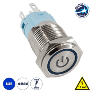 GloboStar® 70788 LED Φωτιζόμενος Διακόπτης Χωνευτός – Μπουτόν PUSH On Ανοξείδωτος DC 12V με Angel Eye Αδιάβροχο Φ18mm IP67 Μπλε