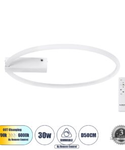 GloboStar® CINDERELLA 60981 Φωτιστικό Οροφής Δαχτυλίδι-Κύκλος LED CCT 30W 3360lm 360° AC 220-240V – Εναλλαγή Φωτισμού μέσω Τηλεχειριστηρίου All In One Ψυχρό 6000k+Φυσικό 4500k+Θερμό 2700k Dimmable Φ50cm – Λευκό – 3 Years Warranty