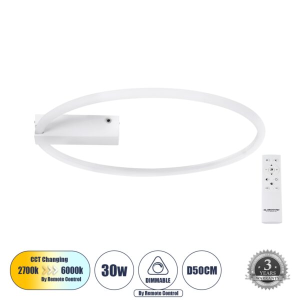 GloboStar® CINDERELLA 60981 Φωτιστικό Οροφής Δαχτυλίδι-Κύκλος LED CCT 30W 3360lm 360° AC 220-240V – Εναλλαγή Φωτισμού μέσω Τηλεχειριστηρίου All In One Ψυχρό 6000k+Φυσικό 4500k+Θερμό 2700k Dimmable Φ50cm – Λευκό – 3 Years Warranty