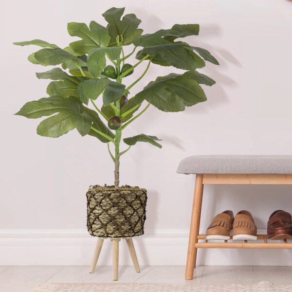 GloboStar® Artificial Garden SAMOS 20303 Διακοσμητικό Πλεκτό Καλάθι – Κασπώ Γλάστρα – Flower Pot Μπεζ με Καφέ Φ22cm x Υ34cm