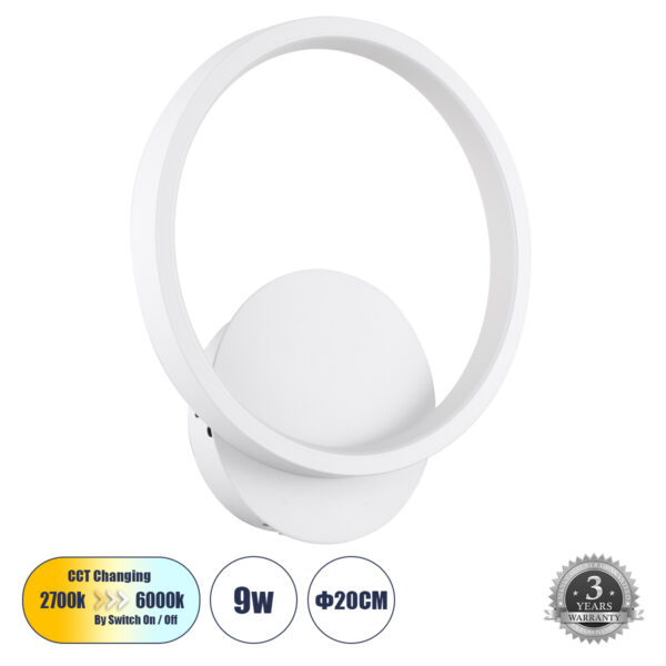 GloboStar® TED 61071 Φωτιστικό Τοίχου - Απλίκα Design LED CCT 9W 1080lm 300° AC 220-240V - Εναλλαγή Φωτισμού μέσω Διακόπτη On/Off All In One Ψυχρό 6000k+Φυσικό 4500k+Θερμό 2700k Μ20 x Π5.5 x Υ23cm - Λευκό