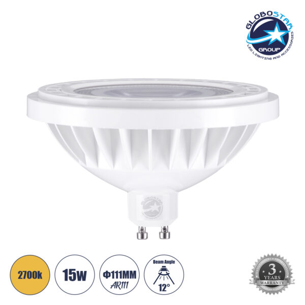 GloboStar® 60128 Σποτ LED GU10 AR111 15W 1650lm 12° AC 220-240V IP20 Φ11 x Υ6.6cm Θερμό Λευκό 2700K - 3 Years Warranty