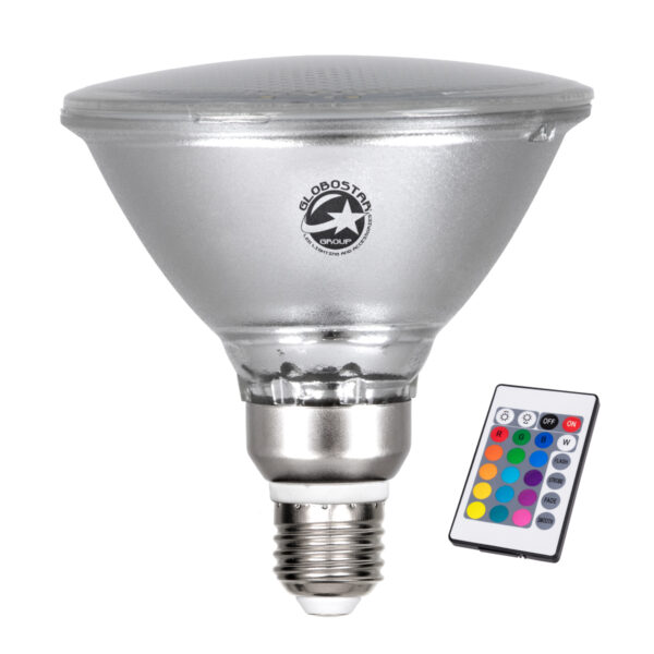 GloboStar® 60233 Λάμπα LED E27 PAR38 Κήπου Σκληρού Υάλου 18W 1200lm 60° AC 220-240V IP65 Φ12 x Υ13cm – Εναλλαγή Φωτισμού μέσω Τηλεχειριστηρίου – Πολύχρωμο RGB – 3 Years Warranty