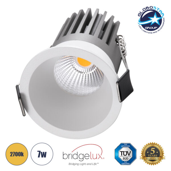 GloboStar® MICRO-B 60243 Χωνευτό LED Spot Downlight TrimLess Φ6cm 7W 875lm 38° AC 220-240V IP20 Φ6 x Υ7.8cm - Στρόγγυλο - Λευκό - Θερμό Λευκό 2700K - Bridgelux COB - 5 Years Warranty