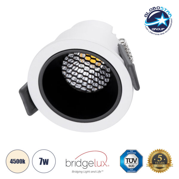 GloboStar® PLUTO-S 60246 Χωνευτό LED Spot Downlight TrimLess Φ6.4cm 7W 910lm 38° AC 220-240V IP20 Φ6.4 x Υ4.9cm - Στρόγγυλο - Λευκό με Μαύρο Κάτοπτρο & Anti-Glare HoneyComb - Φυσικό Λευκό 4500K - Bridgelux COB - 5 Years Warranty